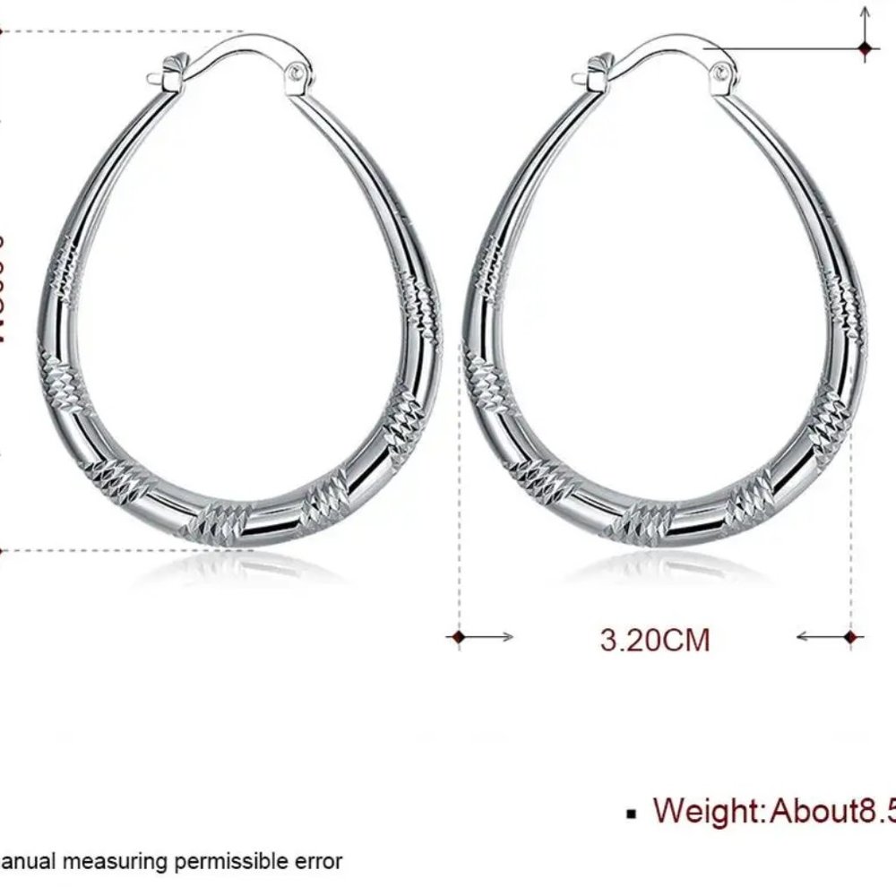 Gorgeous .925 Sterling Silver Waterdrop Hoop Earrings With Pattern - Picture 3 of 11
